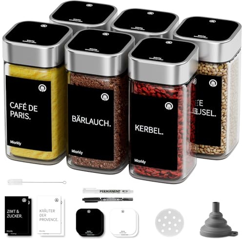 Miorkly Gewürzgläser Eckig Set [ Eckig Edelstahl Deckel ] 6 x 120ml,Gewürzstreuer mit Streueinsatz - Hochwertige Gewürzbehälter Spice Jars, Gewürzdosen, Gewürze organizer - Gewürze Aufbewahrung