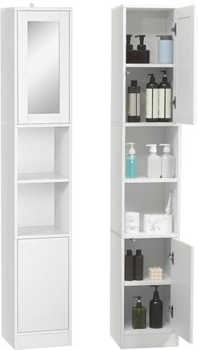 kleankin Armoire Salle de Bain Haute, Meuble de Rangement Colonne avec Miroir, 2 Portes, Compartiments Ouverts, étagères réglables, Meuble étroit pour Toilette, Petits espaces, 30x28x170cm, Blanc