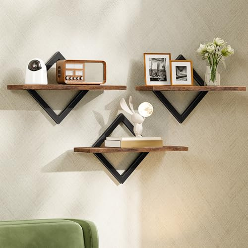 CHOEZON Floating Shelves, Set of 3 Wall Shelves, Hanging Shelves, Wall Shelf Set of 3, Wall Mounted Shelves, for Living Room, Bedroom, Kitchen, Office, Study, Rustic Brown DTBJ03P3BF