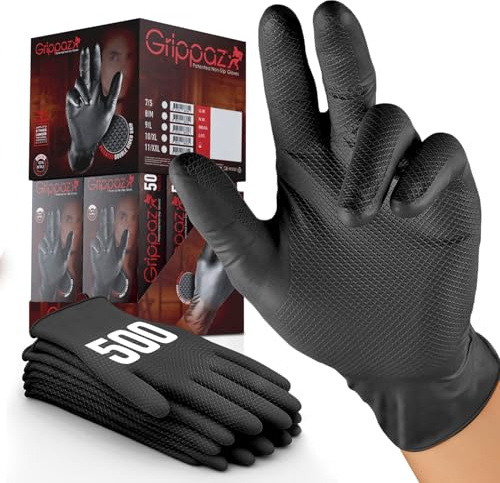 Nitrile Work Gloves Black XL Pack of 500 Non-Slip Grip Disposable | Textured finish for wet or oily handling, robust single use protection, latex free, for mechanics, industry and workshops