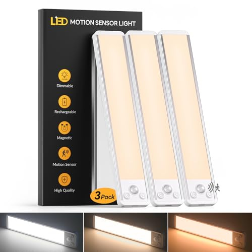 Lampes de Cuisine Sous Placard 20CM, 3 Couleurs & Détecteur de Mouvement, Dimmable et Rechargeable, Reglette Led Sous Meuble Cuisine Magnétique, Sans Fil Pour étagères, Escaliers, Placards, Penderies