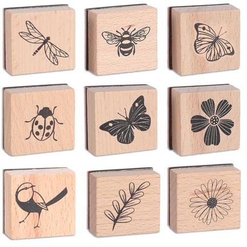 9Pcs Wooden Rubber Stamp Set, Vintage Rubber Stamps for Crafting, Butterfly, Bird, Ladybird & Plant Journal Stamps for Arts & Crafts, Stationary, Scrapbooking, School Projects, Journals