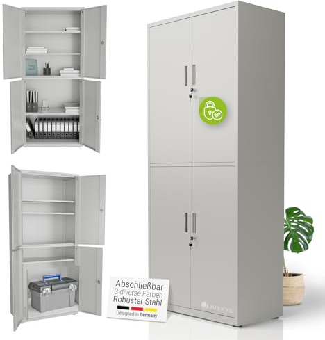 Juskys Aktenschrank aus Metall – 180x80x40 cm abschließbarer Büroschrank aus Stahl mit 3 verstellbaren Einlegeböden, höhenverstellbare Füße - Hellgrau