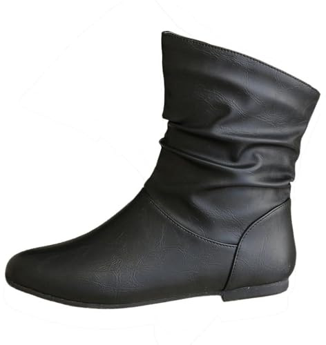 Slouchy Leather Ankle Boots for Women, Slouchy Ruched Round Toe Slip On Flats Ankle Booties for Ladies Low Heel Casual Comfortable Winter Fall Mid Calf Boots With Side Zipper