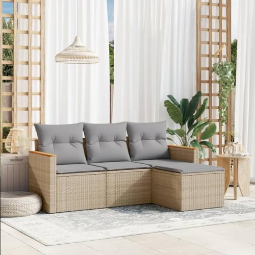 QJBSAVVA 4-TLG. Gartenmöbel Set Poly Rattan Lounge mit Beigemischung 55 x 62 x 69 cm, Outdoor Sitzgruppe mit abnehmbarem Bezug, UV-beständig & platzsparend für Balkon, Terrasse und Garten
