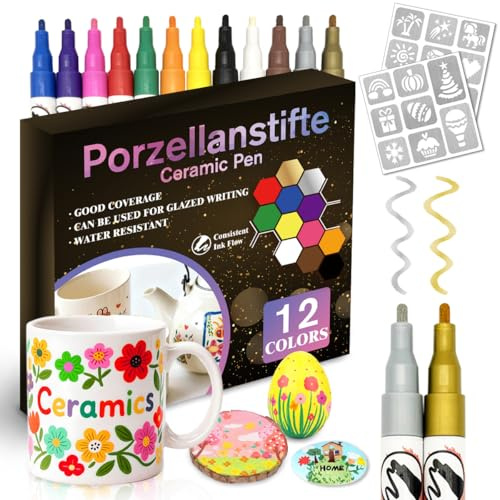 CAwished Juego de 12 colores para pintar taza: rotuladores de porcelana aptos para lavavajillas, con plantillas de grafiti creativas para porcelana, cerámica y vidrio