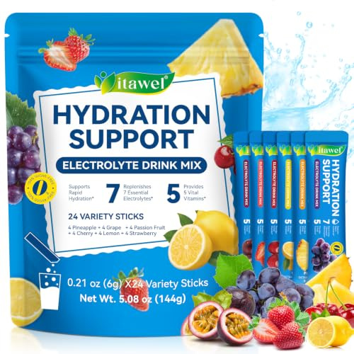 Rapid Hydration Electrolyte Powder Sachets 7 Key Electrolytes & 5 Vital Vitamins, Zero Sugar, 24 Single-Serve Sticks with Vitamin C, B3, B5,B6 B12 Supplement Energy Drink, Vegan & Gluten Free