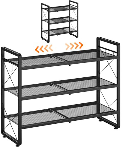 ELYKEN Étagère à Chaussures Extensible 3 Niveaux Réglable en Hauteur | Porte Chaussures en Métal pour Bottes Hautes, Rangement de Chaussure Empilable avec 4 Crochets pour Entrée, Placard, Noir