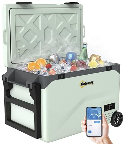 Outsunny Réfrigérateur de Voiture à Compression 42,5 L avec Contrôle via Application, Glacière Électrique Portable avec Roues et Poignée, 12V/240V, -20 °C à 20 °C, Camion, Camping-car, Bateau, Vert