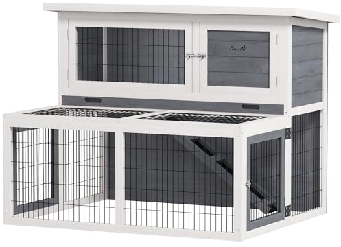 PawHut Conigliera da Esterno e Interno a 2 Livelli, Gabbia per Conigli con Vassoio Rimovibile, Cassetta per 2-3 Conigli con Area Aperta e Tetto Sollevabile in Legno di Abete 122x95x93,5 cm Grigio