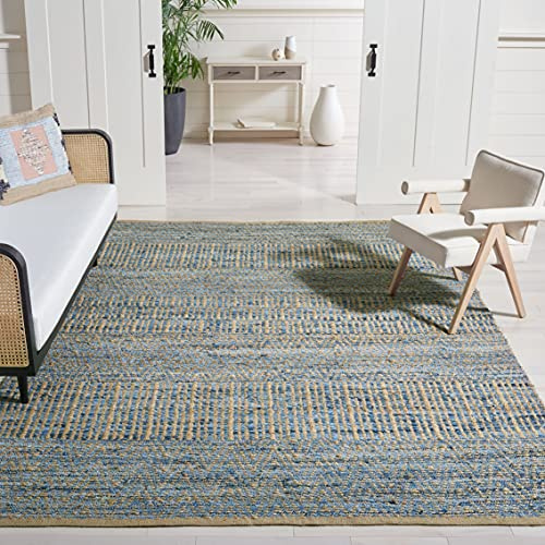 SAFAVIEH Area Rug 8x10 - Cape Cod Collection - Large - Natural & Blue, Handmade Flat Weave Braided Jute, Ideal for Living Room, Bedroom, Office, Dining Space (CAP353A)