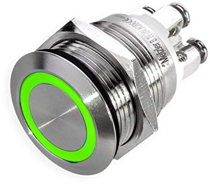 Drucktaster Klingeltaster – LED-Beleuchtung - Einbau 19mm - Edelstahl V2A – flache Tastfläche - wasserdicht – Schraubkontakte - AC/DC (LED Grün)