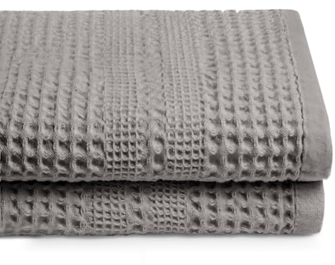 GILDEN TREE Waffle Towels for Bathroom, 100% Cotton Quick Dry Towel, Waffle Bath Towels Large, Absorbent Lightweight Travel Towel, Bath Towels Set of 2, Classic Style (Pewter)