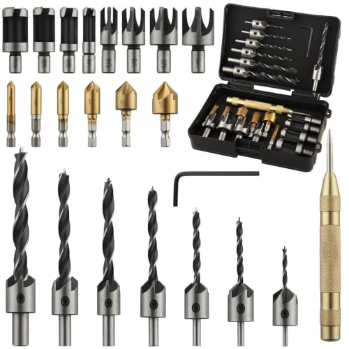 Rocaris 23-Pack Woodworking Chamfer Drilling Tool, 6pcs 1/4 Hex 5 Flute 90 Degree Countersink Drill Bits, 7pcs Three Pointed with L-Wrench, 8PCS Wood Plug Cutter, and Automatic