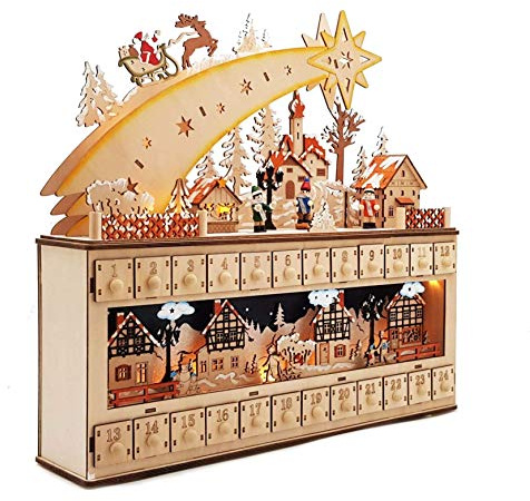 Wichtelstube-Kollektion XL LED Adventskalender Holz zum befüllen beleuchtet Sternschnuppe Lichterbogen Schwippbogen Weihnachten