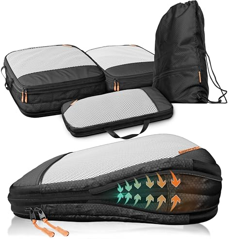 LOONARA Sacs de compression pour valises et sacs à dos [4 pièces] - Cubes compressibles, organiseurs bagages, sacs de voyage, accessoires camping et randonnée (Évasion de Minuit - Noir)