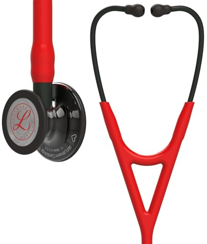 3M™ Littmann® Cardiology IV™ Stéthoscope de diagnostic en édition limitée avec logo rouge, cœur gravé sur pavillon en acier inoxydable poli fumé, tube rouge de 68,6 cm, tige noire, 6182