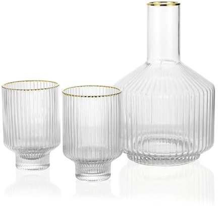 G Bedside Carafe Glass Set, 1 Pitcher 2 Cups For Nightstand Water, Ribbed Bedside Water Decanter 1672.6 G With Gold Rim Tumbler 354.4 G Cup,Vintage Bedside Carafe Use for Bathroom,Bedroom,Kitchen,