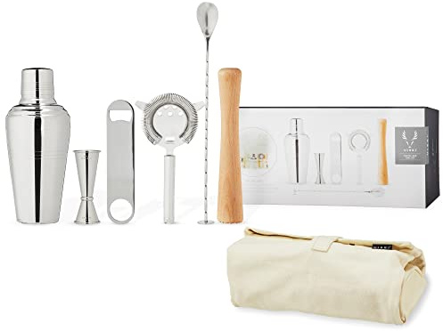 Viski Kit de 6 pièces pour Barman de Voyage - Mélangeurs de Boissons pour Cocktails - Cadeau Essentiel : Shaker Classique cordonnier, passoire Hawthorne, décapsuleur, doseur de Bar, Pilon et Sac de
