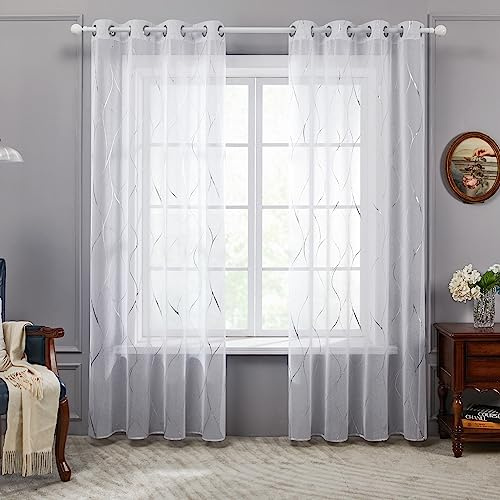 Deconovo Tende Camere da Letto Trasparenti in Voile Moderne 2 Pannelli, Tende Stampate con Linee per Finestre Cameretta Bambini con Occhielli, 140x160 CM Bianco-Linee