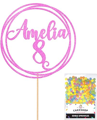 Personalised Round Happy Birthday Glitter Cake Topper - Light Pink Any Custom Age & Name Glitter Cake Decoration and Sprinkles - Happy Birthday Decorations - Personalised Toppers for Cakes by Cakeshop