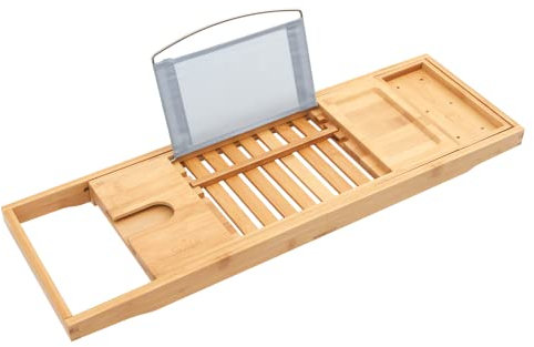 ZENO Bath Tray Caddy | Bamboo Expandable Wooden Bathtub Tray | 100% Natural Bamboo with Book or Tablet Stand | Wooden Wine Glass Holder | Phone Slot | Luxury Organiser for Bathrooms Home Spa