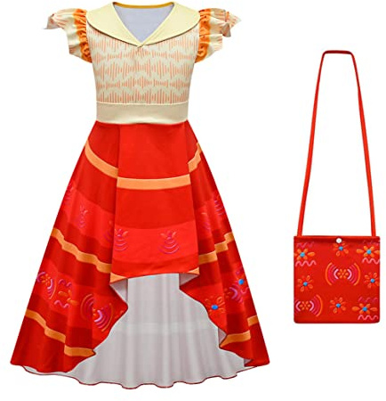 YOSICIL Encanto Dolores Verkleidung Mädchen Kostüm mit Tasche Perücke Umhang Prinzessin fliegendes Ärmel-Kleid für Cosplay Halloween Geburtstagsfeier Party Weihnachten Karneval, Rot B, 160