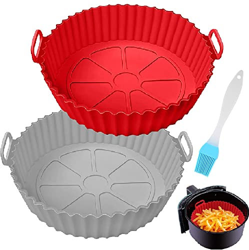 VOLMEY Air Fryer Silicone Pot, 2PCS Reusable Silicone Air Fryer Liners, 7.9 inch Round Air Fryer Basket, Non-Stick Air Fryer Accessories for Air Fryer Oven Microwave Baking Roasting + Oil Brush