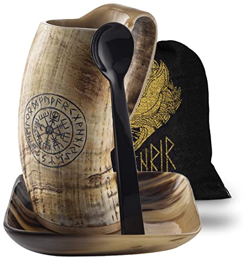 FENRIR Heißes Wikingerhorn-Kaffeetasse mit Löffelteller, 3-teiliges Set, natürliches Finish, hält sicher heißen und kalten Tee, Kaffee, Kakao, Wein, Bier oder Met, Größe 400 - 473 ml, Wikinger-Kompas