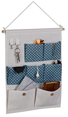 Relaxdays Organizer da Parete, 7 Tasche in Stoffa Portaoggetti, 2 Ganci Portachiavi, Ingresso, HxL: 60x39 cm, Crema Blu
