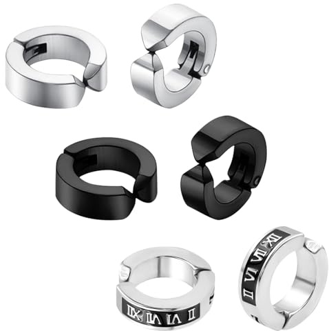 3 Pairs Clip on Earrings for Men, Non Pierced Earrings for Women and Men, Titanium Steel Fake Earrings, Cool Earrings Set for Gifts