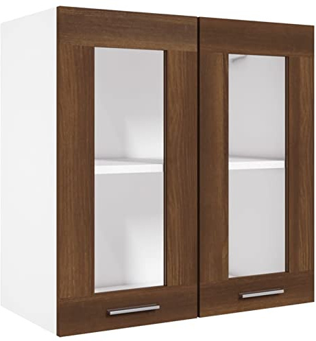Gecheer Kitchen Wall Cabinet, Hanging Glass Cabinet, Wall Mounted Kitchen Cabinet, Floating Kitchen Storage Cupboard, Double Glass Doors with Shelf Brown Oak 60x31x60 cm Engineered Wood