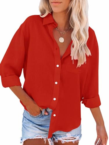 Paintcolors Camisas de manga larga con botones para mujer, blusas casuales elegantes con cuello abotonado para mujer, Rojo_a46, M