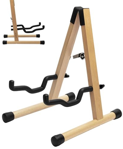 STRICH A-Frame Hardwood Floor Guitar Stand, Acoustic Guitar Stand Adjustable Folding Electric Guitars Holder, Universal for Acoustic, Electric, Bass, Ukulele, Non-Slip (Oak Wood)