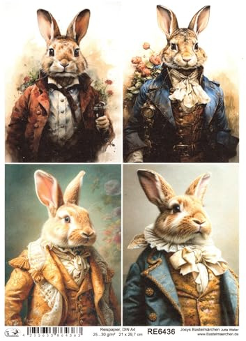 Josys Bastelmärchen Reispapier A4 Strohseide Decoupage Ostern Hase in Vintage Anzug RE6436