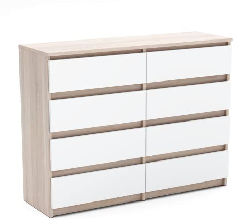 MRBLS_HOME Kommode mit 8 Schubladen - Holz Sideboard 120 x 92,5 x 33,5 cm (B/H/T) - Schmale Kommode für Schlafzimmer & Flur - Regal mit Schubladen - Schrank mit Schubladen (Sonoma - Weiß Matt)