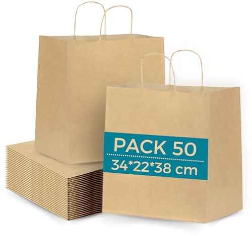 50x Sac en Papier Kraft 34x22x38 cm avec Poignées | Sac Grand Take Away : Sachet Alimentaire pour Emporter | Sac Cadeau pour Noël