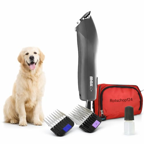 Rotschopf24 Max 50+ Hundeschermaschine + Tasche & 2 Metallaufsätze (6+13mm) | Leise Tierhaarschneidemaschine mit starkem 2-Speed-Motor. Dauerbetrieb. Besser als Moser Max 50