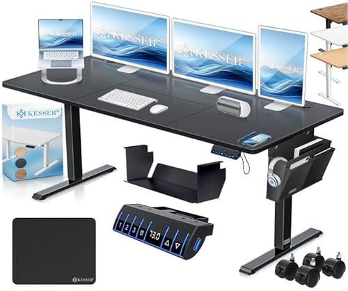 KESSER® höhenverstellbarer Schreibtisch elektrisch 160 x 70 cm, ergonomischer Steh-Sitz Tisch mit 3-Memory-Funktion, Stehtisch für Homeoffice, Inkl. Zubehör, USB-Ladeanschluss & 360° Rollen, Schwarz