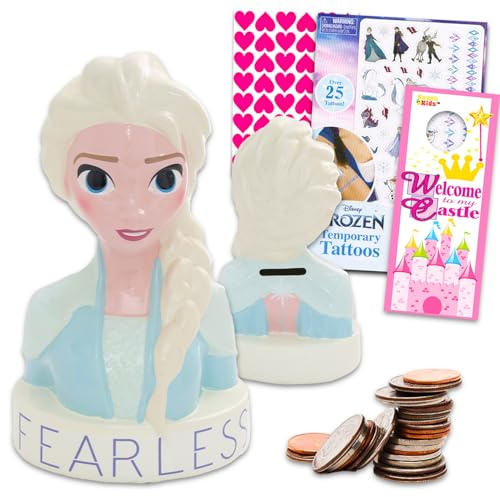 Die Eiskönigin Sparschwein für Kinder – Paket mit Elsa-Spardose aus Keramik plus Aufklebern, Tattoos, mehr | Disney Die Eiskönigin Sparschwein für Mädchen