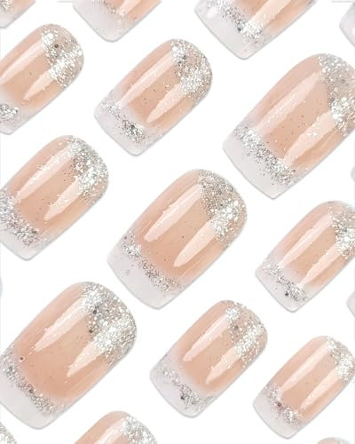 KGDUYC Unghie finte - 24 pcs Unghie Finte Corte Quadrate Lucide Rosa Bianco Gradient Press On Nail Francese Acrilico Copertura Completa Premere Sulle Unghie per Donna Ragazze Manicure Fai da Te