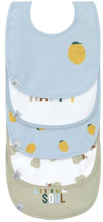 Juego de baberos LÄSSIG para bebés (5 piezas) con cierre de velcro, de algodón impermeable/valor pack baberos Happy Fruits Lemon