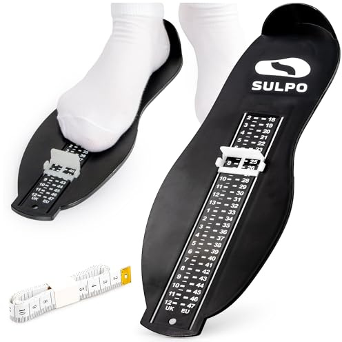 SULPO Misuratore per scarpe per bambini – Misuratore di piede per bambini – Misuratore di piede per bambini e adulti – Misuratore di scarpe – Metro a nastro per bambini – UK 2 – 12 / EU 18 – 47 – Nero