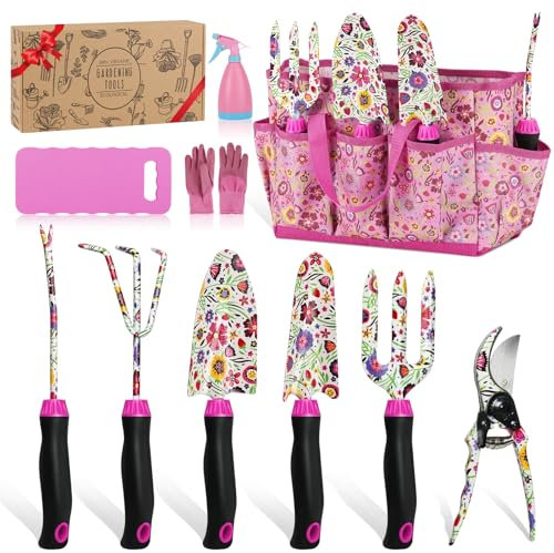 Housolution Set Attrezzi da Giardino, 10 PZ, Kit Attrezzi Manuali da Giardinaggio Forniture per Floreale Resistente Borsa Tote con Manico in Gomma Antiscivolo, per Donne Compleanno Festa della Mamma
