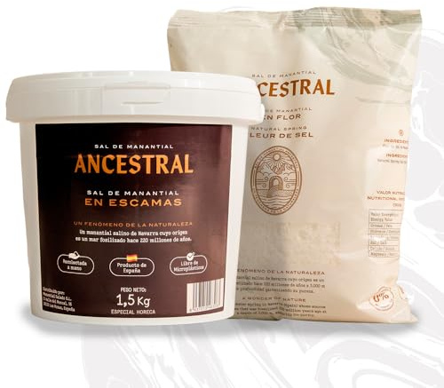 ANCESTRAL - Pack de Sal de Manantial (Escamas 1,5kg + Flor de Sal 1,5Kg) - Sal de mesa sin refinar- Sal Pura sin Microplásticos ideal para cocinar. Especial para carne y brasas.