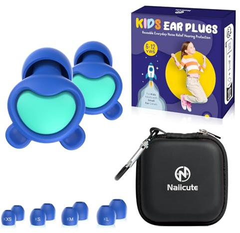 Naiicute Kids Ear Plugs (6-12 yrs) - Reusable Noise Relief Childrens Earplugs with Cord for Focus, Travel, Fly, Concert, Socializing, Sport Events, Anxiety, School, Playtime, 26 dB Noise Reduction
