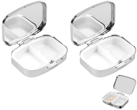 2 Stück Pillendose Metall,Tablettendose für Unterwegs mit 2 Fächern,Tablettendose Mini,Pillendose Klein Silber,Tragbare Tabletten Box,Edelstahl Pillenbox,Kleine Pillendöschen für Pillen Vitamine