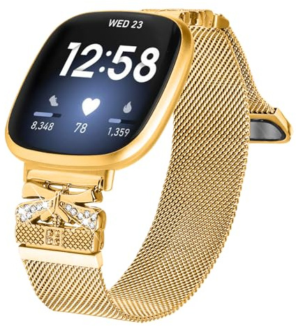 Gimuk Armbänder kompatibel mit Fitbit Versa 4/Sense 2 Armband für Damen und Herren, verstellbares Metall Edelstahl Mesh Loop Bling Armband Ersatzband für Fitbit Versa 4/Versa 3/Sense