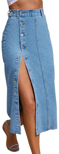 HBQ Trendy High Waisted Denim Skirt for Women Button Front Slit Midi Skirt for Ladies Fashion 2025 Summer-Blue-M