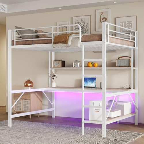 Zubaliya Litera infantil con escritorio LED y USB, cama entresuelo 1 plaza, toma corriente, protector corporal, escalera, estantes múltiples, metal